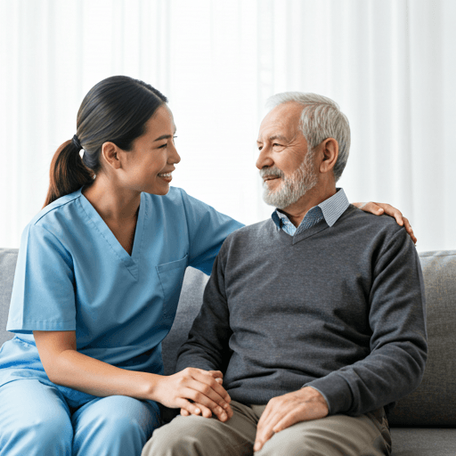 Caregiver smiling with an elderly man on a sofa